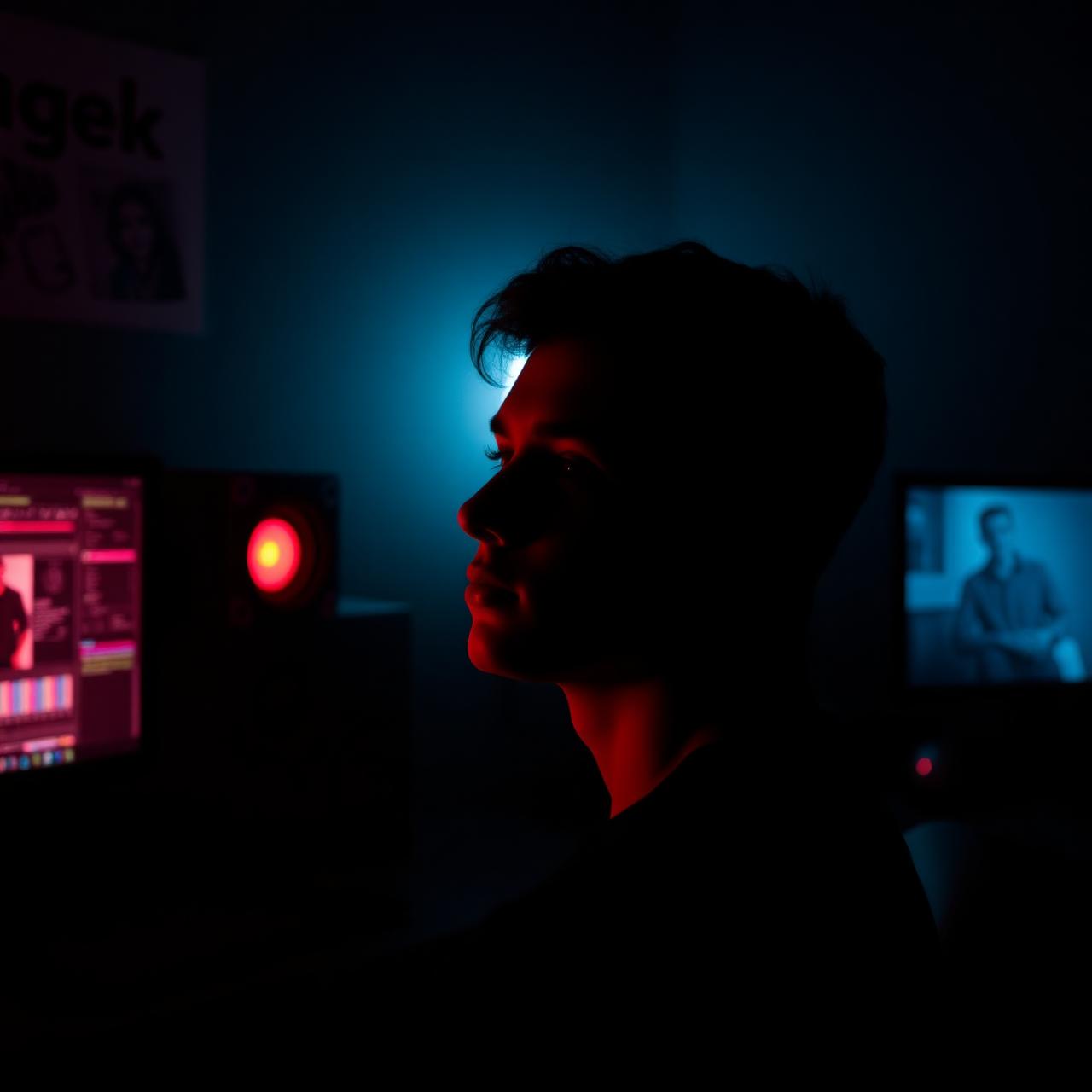 Editor at work in a dark studio lit by monitors
